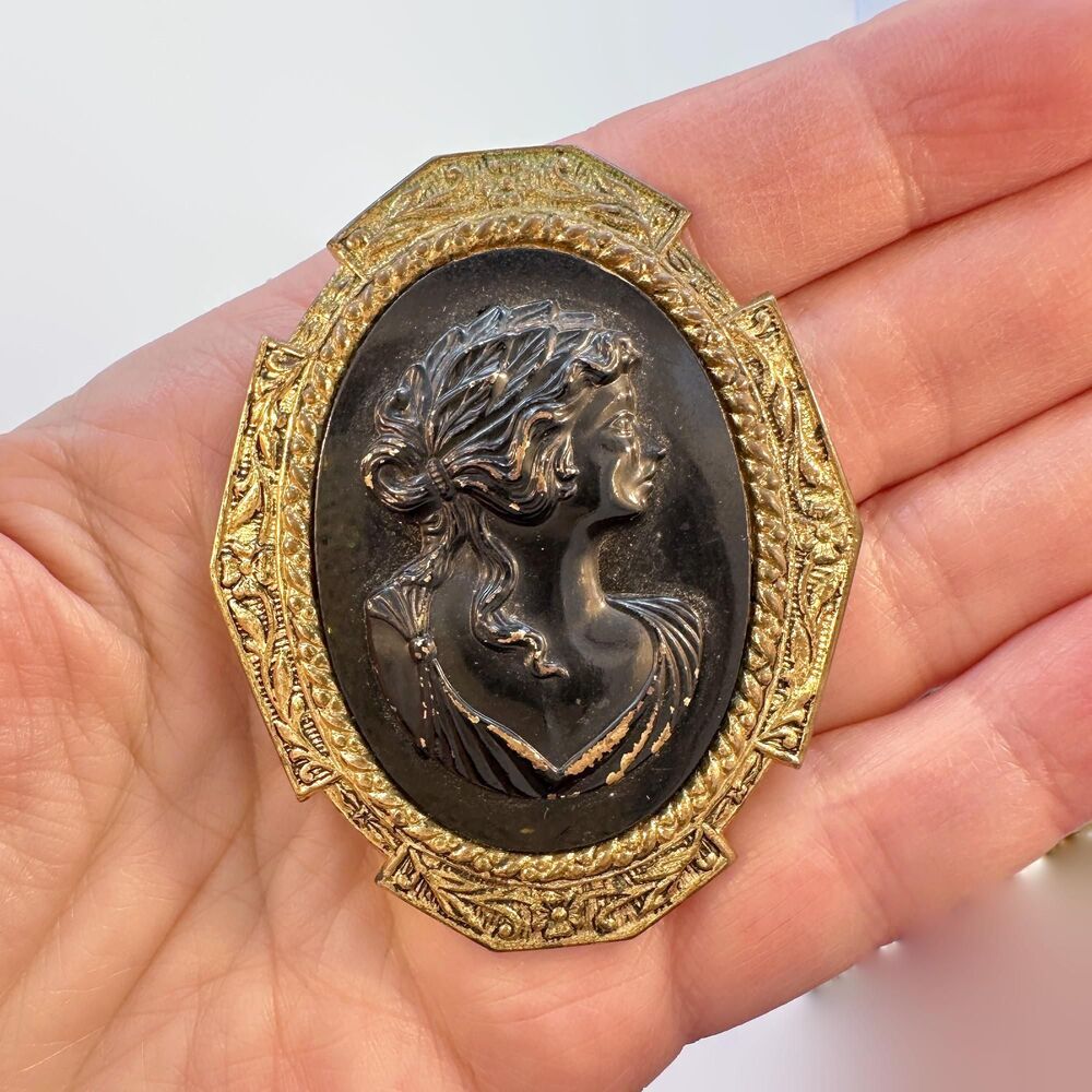 Vintage Black Cameo Brooch, Ornate Gold Tone Frame, Victorian Style